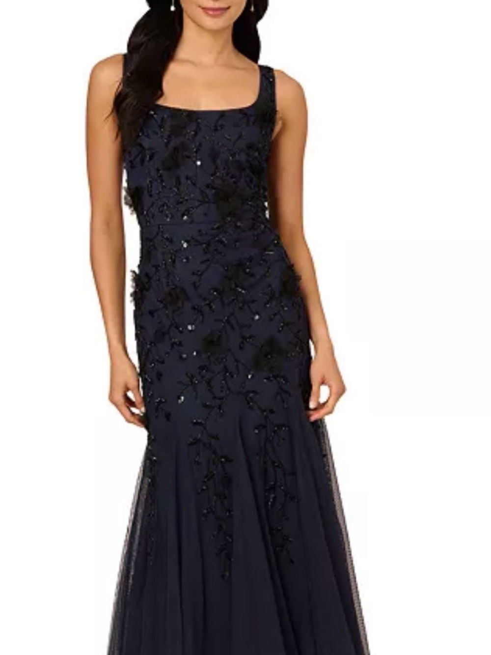 Adrianna Papell Navy Beaded Midi Dress with Square Neck
